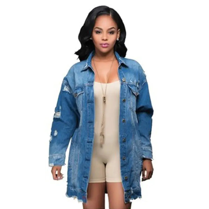 Women's Mid-Length Ripped Denim Jacket by WISH