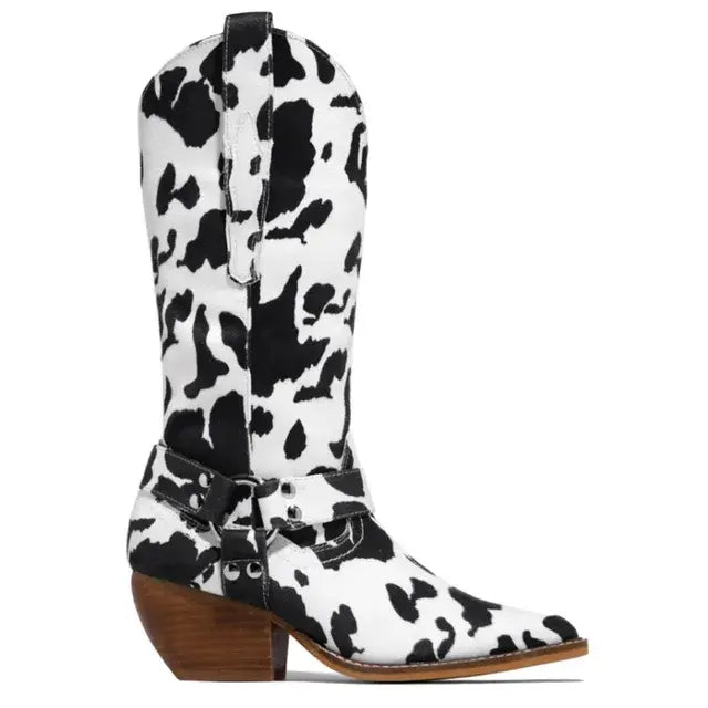 Flock Cow Print Chunky Heel Chelsea Boots