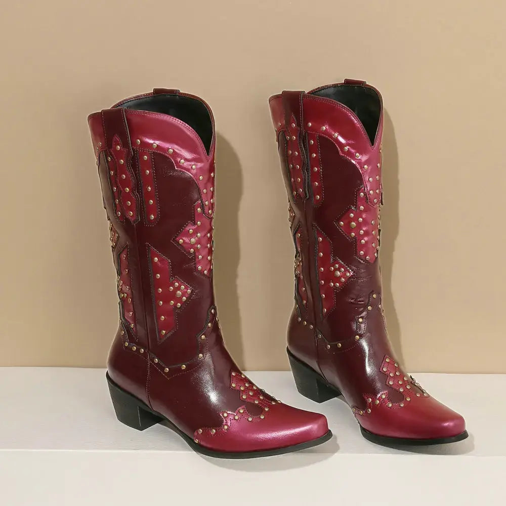 Wide Calf Western Pointed Toe Leather Patchwork Mid Calf Boot
