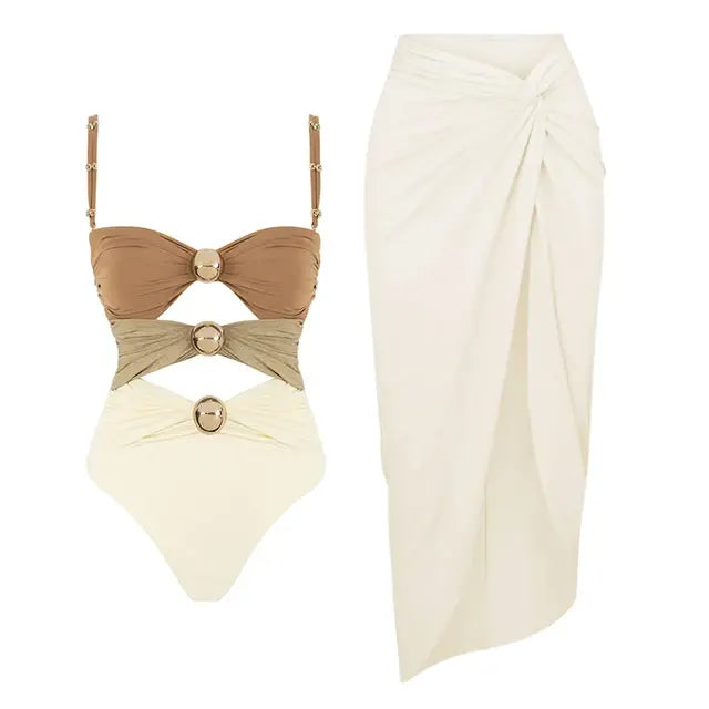 Color Block Women Swimsuit and Sarong Two-piece Set