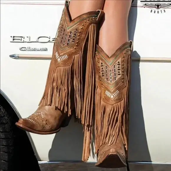 Mid-Calf Tassel Rivet Women's Cowboy Boots