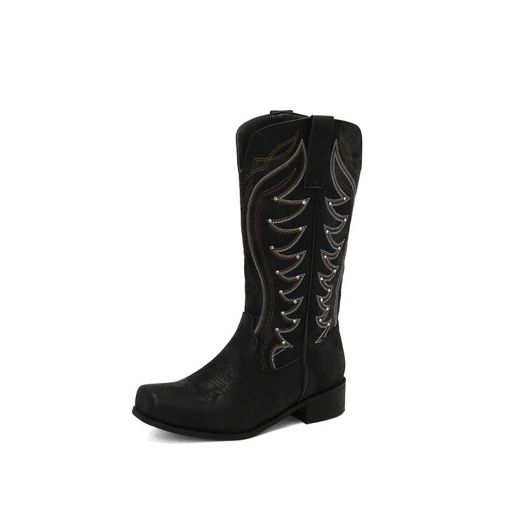 Embroidered Western Denim Mid-Heel Boots