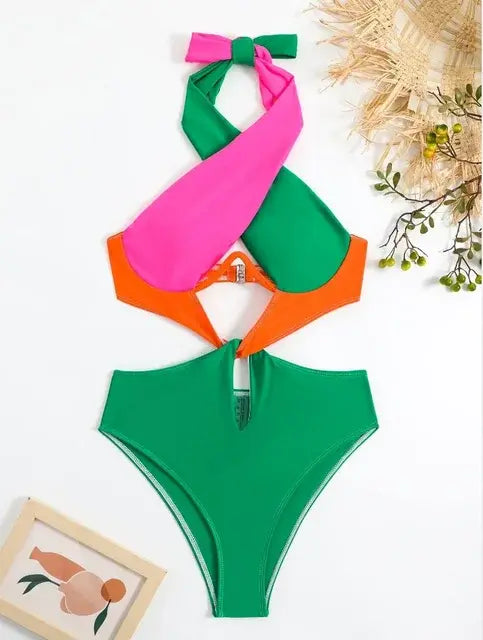 Contrast Color Swimwear Women Halter Cross with Underwire