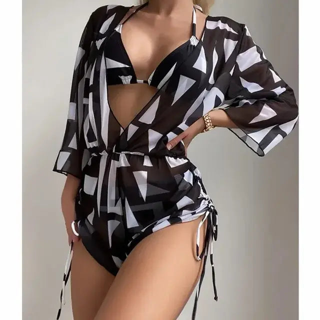 High Waist Print Drawstring Three Piece Bikini Set Swimsuit