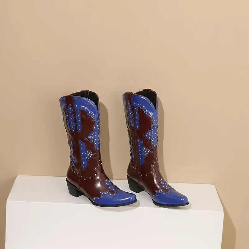 Wide Calf Western Pointed Toe Leather Patchwork Mid Calf Boot