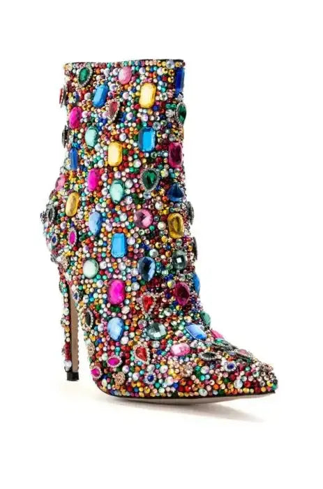 Women Pointed Toe Crystal Mid Calf Boots