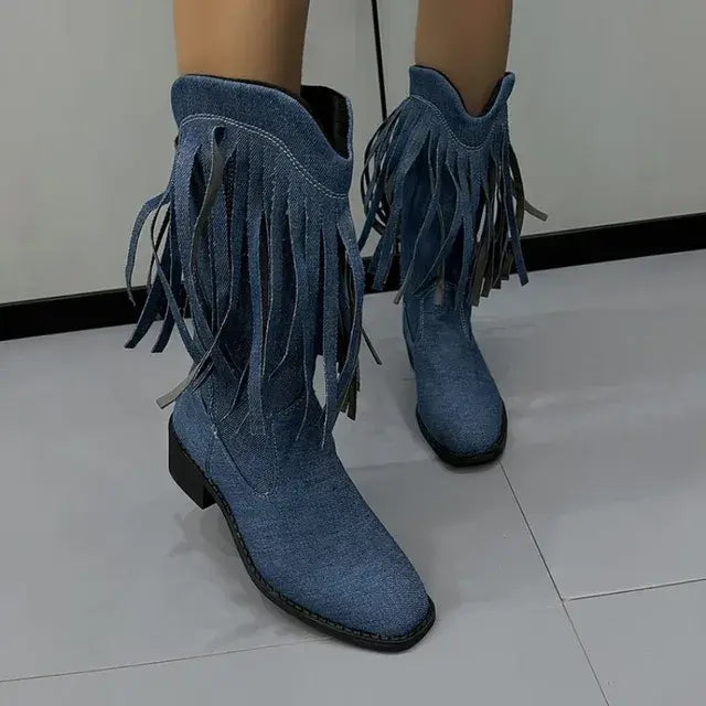 Women's Denim Mid-Calf Boots with Tassels