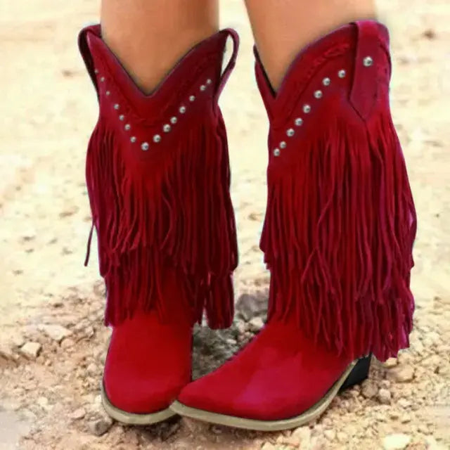Vintage Tassel Mid-Calf Cowboy Boots for Women