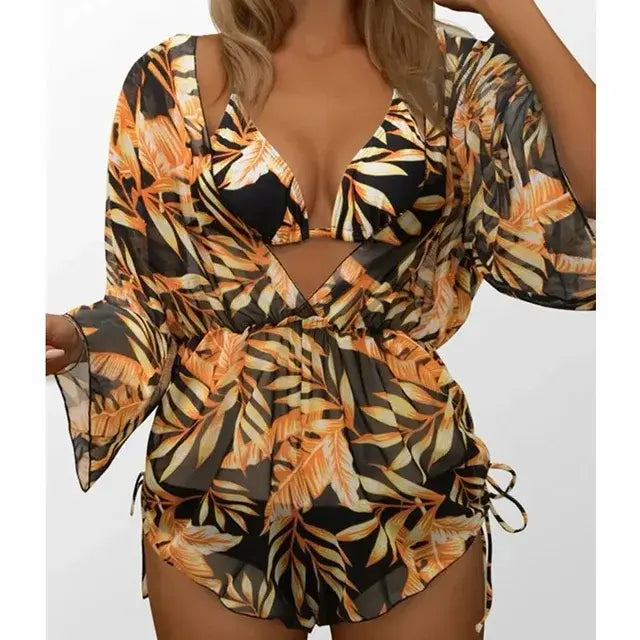 High Waist Print Drawstring Three Piece Bikini Set Swimsuit