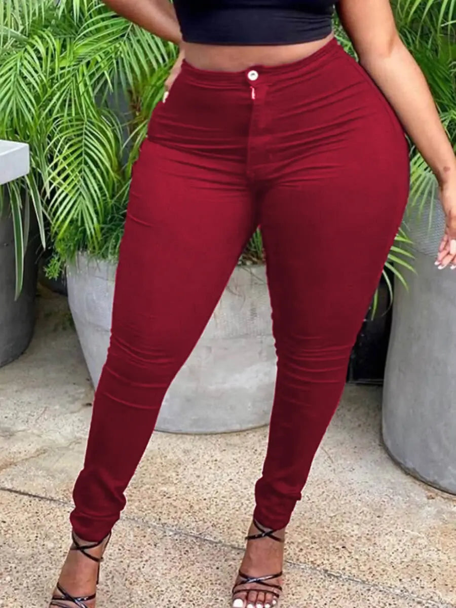 LW Plus Size High-waisted Zipper Design Pants Autumn Wine Red Pencil Pants Fashion High-quality Niche Design Women's Bottoms