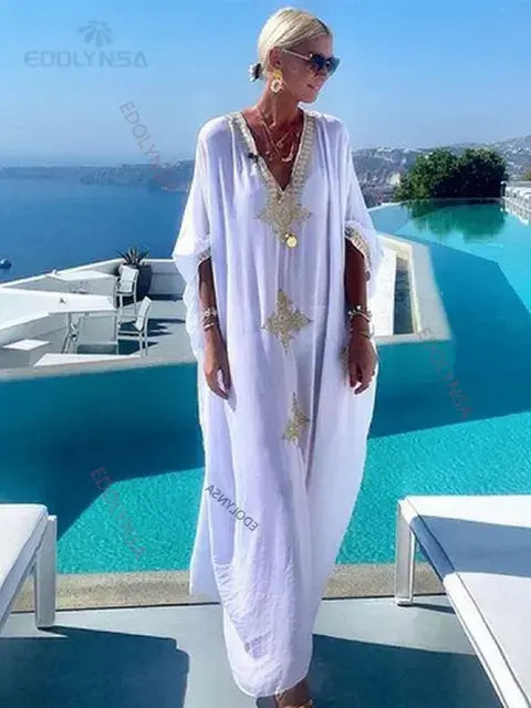 Plus Size Elegant Gold Embroidered Kaftan Retro V-neck Dress