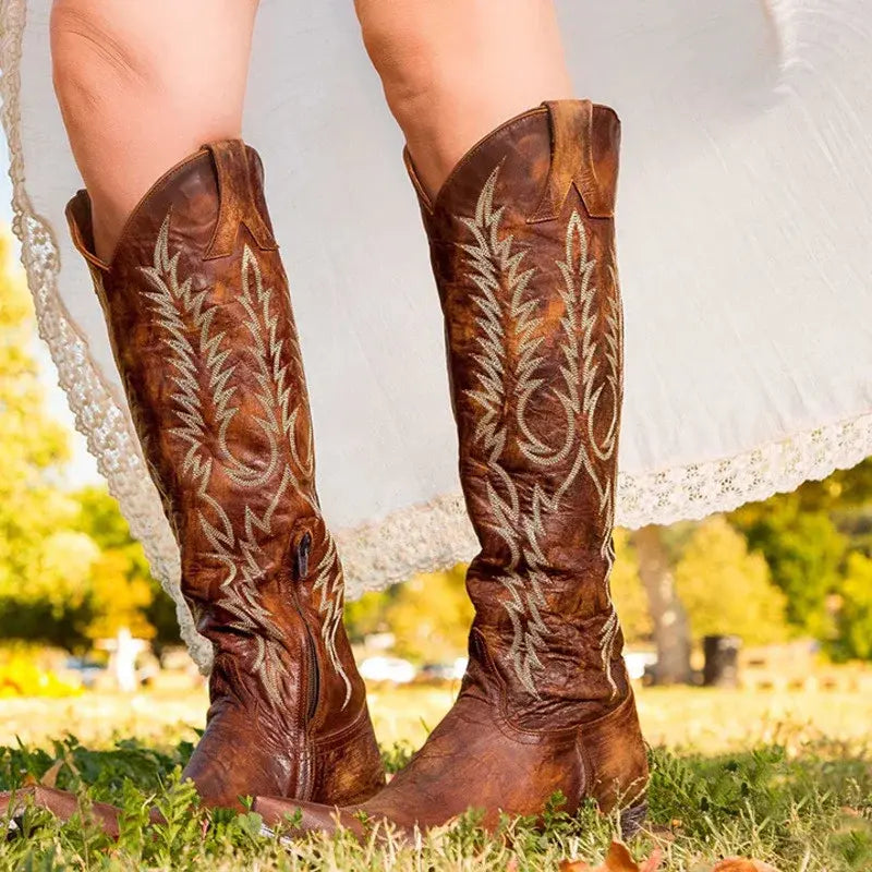 Embroidered Western Fire Cowgirl Boots with Low Heel