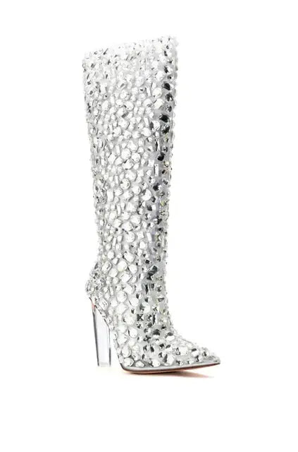 Knee High Boots Crystal Inlay High Heels Boots with Transparent Heel