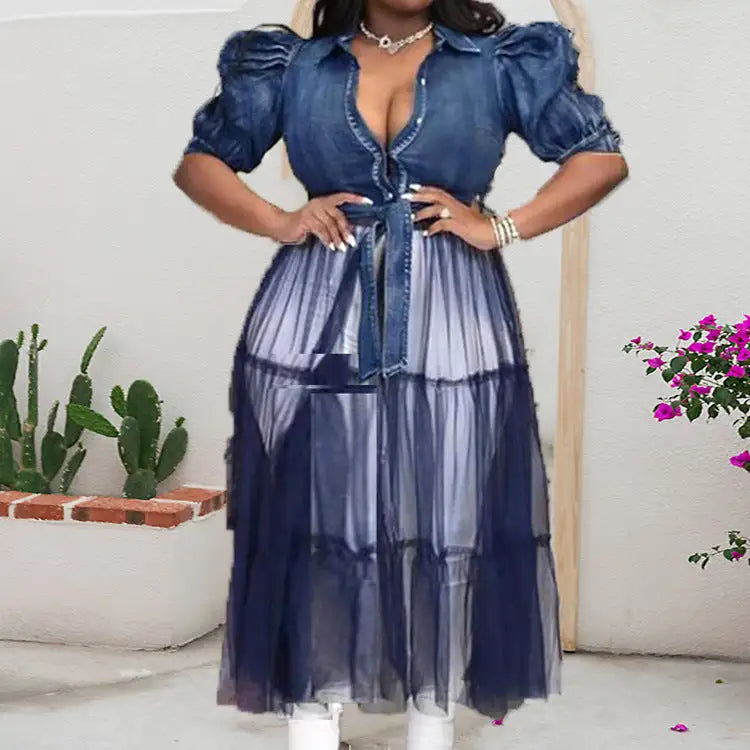 Mesh Patchwork Long Denim Dress