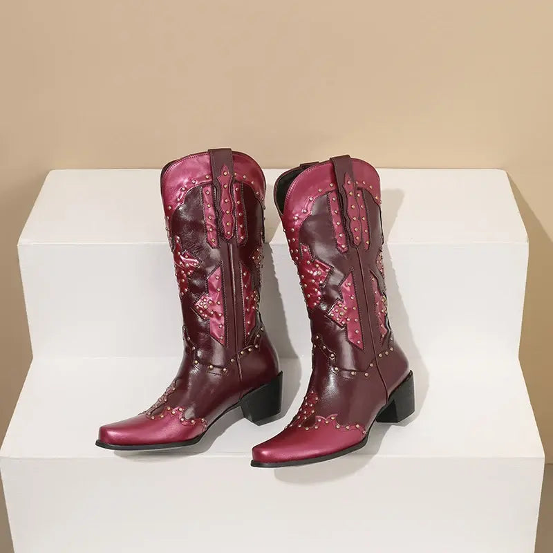 Wide Calf Western Pointed Toe Leather Patchwork Mid Calf Boot