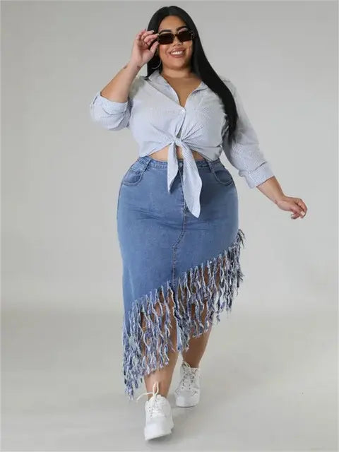 Plus Size Women's Denim Maxi with Tassels