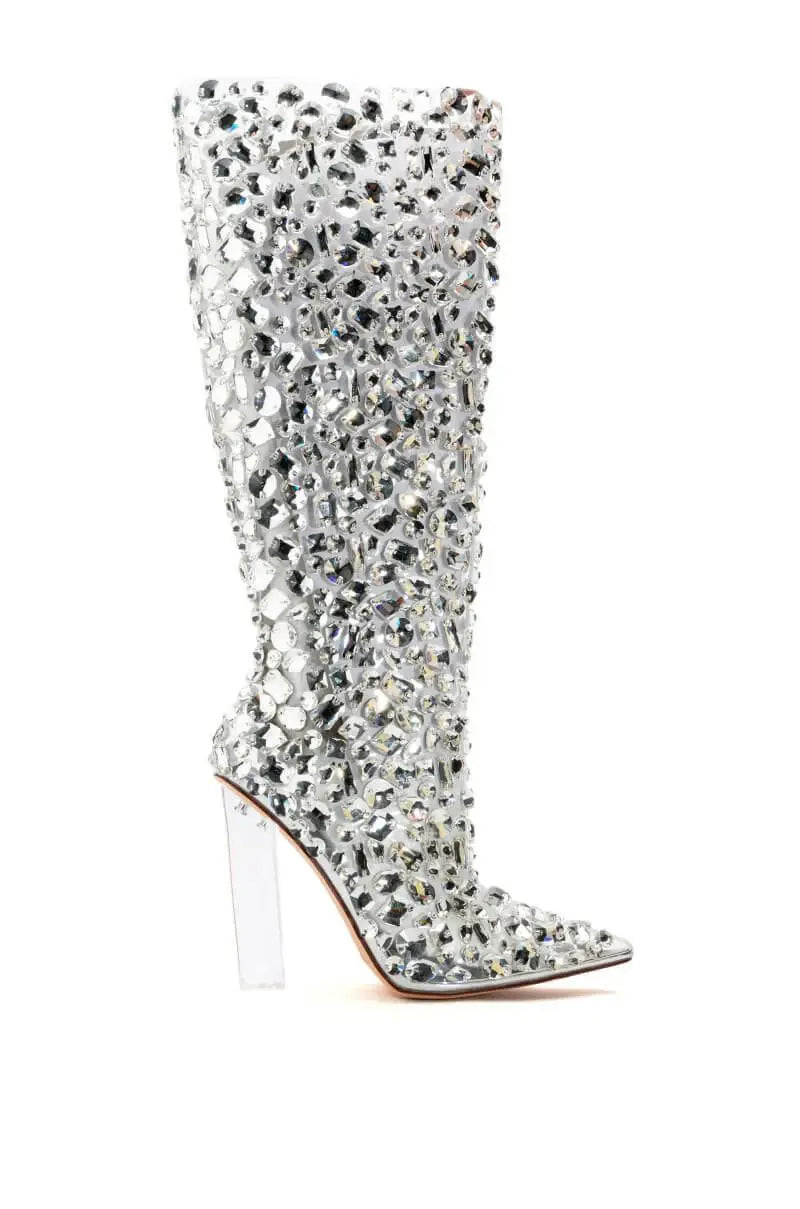 Knee High Boots Crystal Inlay High Heels Boots with Transparent Heel
