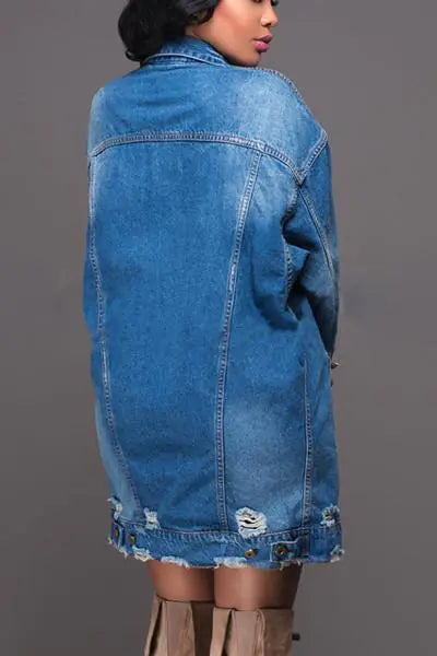 Women's Mid-Length Ripped Denim Jacket by WISH