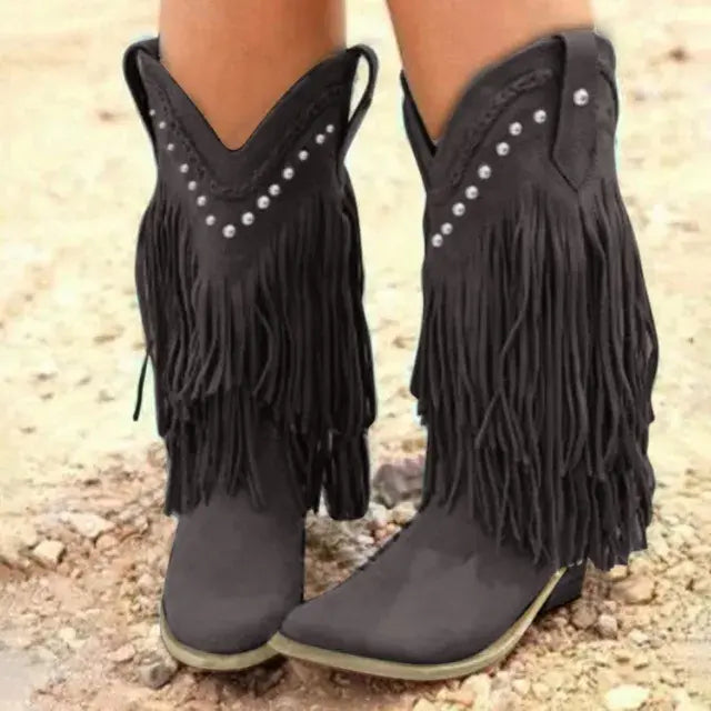 Vintage Tassel Mid-Calf Cowboy Boots for Women