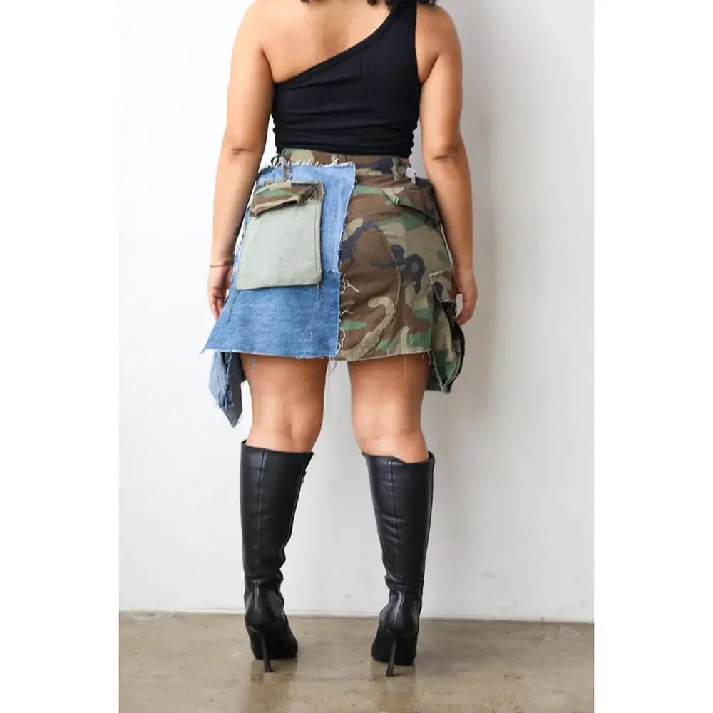 Army Green Camo with Denim Patchwork Skirt