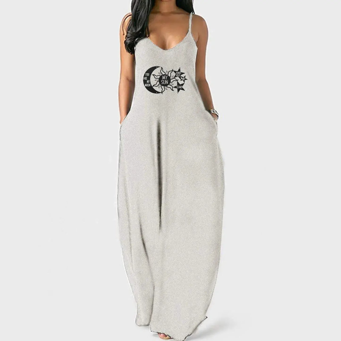 Sexy Deep V-neck Sleeveless Beach Casual Dress with High Waist Pockets