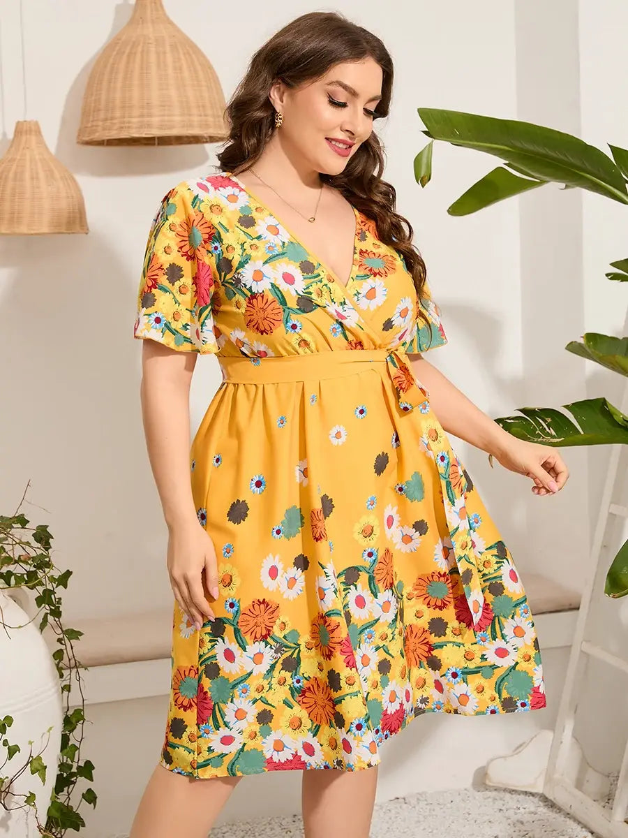 Plus Size Midi Floral Print Yellow Dress