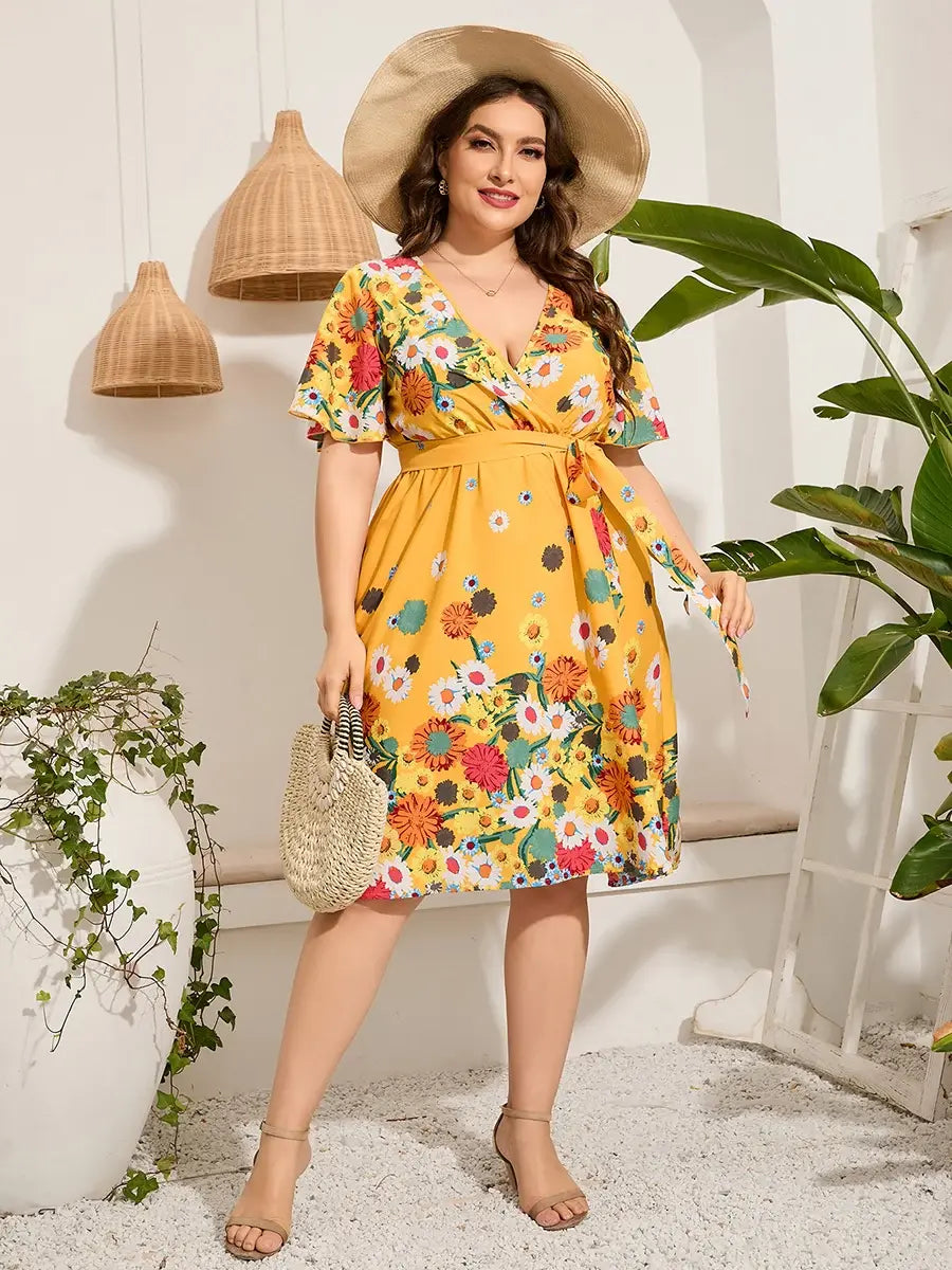 Plus Size Midi Floral Print Yellow Dress
