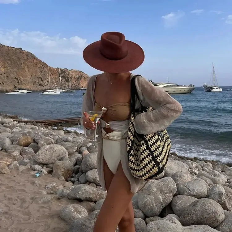 Color Block Women Swimsuit and Sarong Two-piece Set