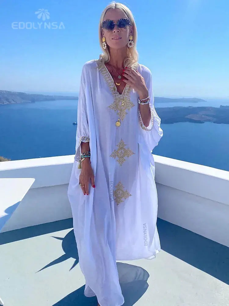 Plus Size Elegant Gold Embroidered Kaftan Retro V-neck Dress