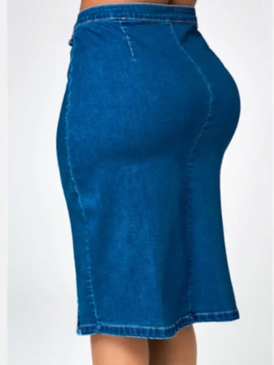 Women's Long Denim Pencil Skirt with Slit