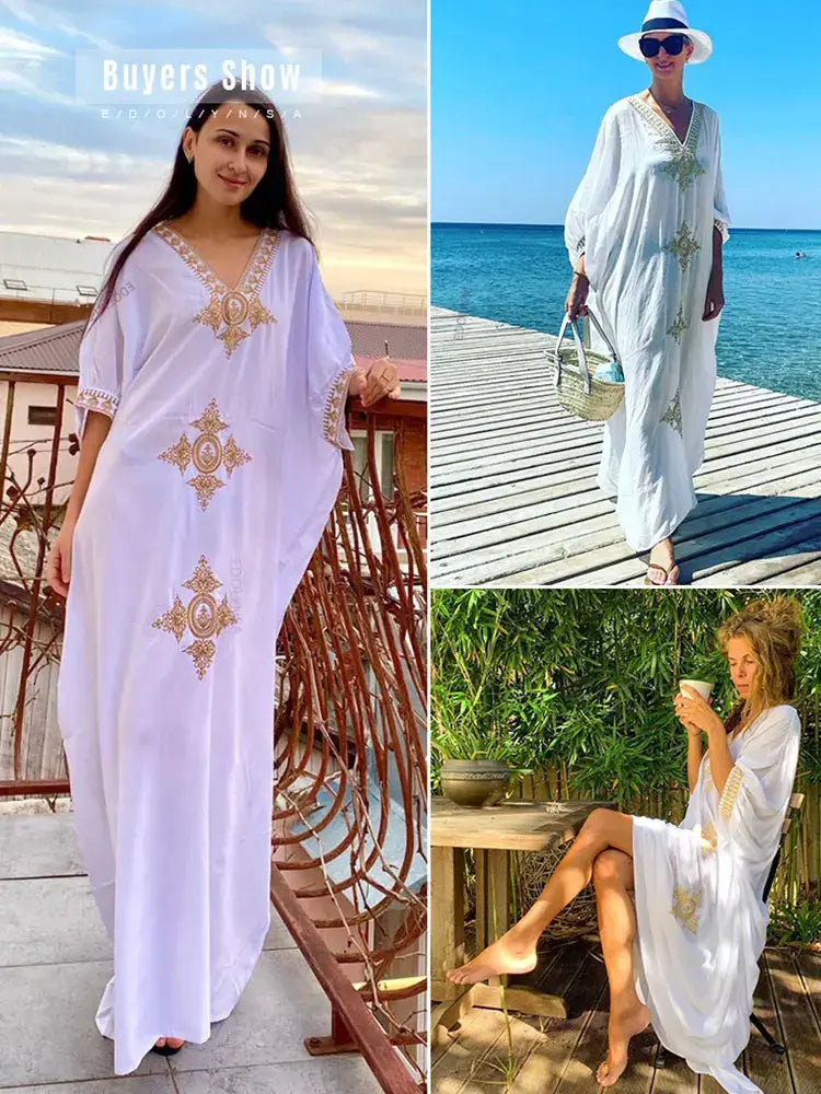 Plus Size Elegant Gold Embroidered Kaftan Retro V-neck Dress