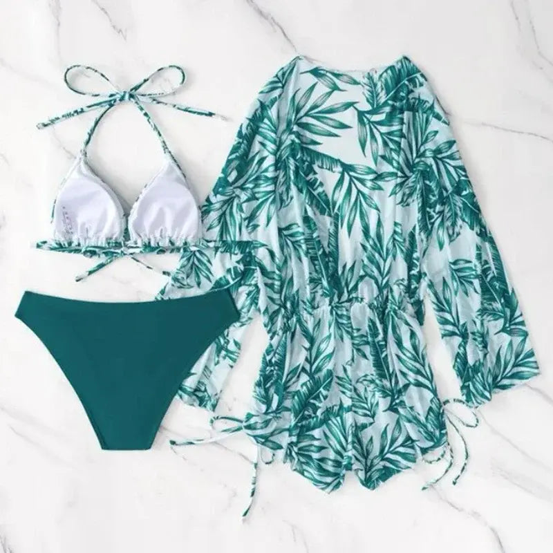 High Waist Print Drawstring Three Piece Bikini Set Swimsuit