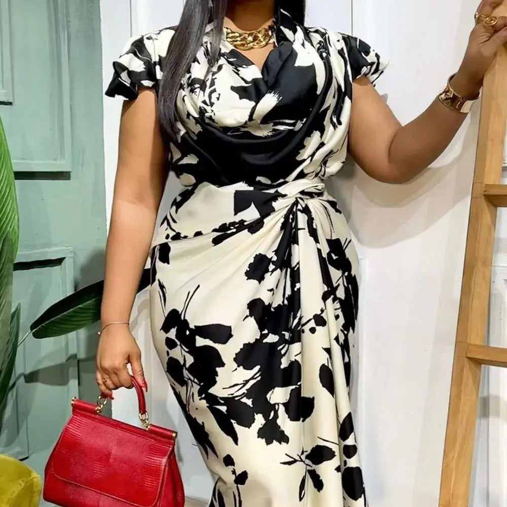 Plus Size Black Print V Neck Fold Midi Dress