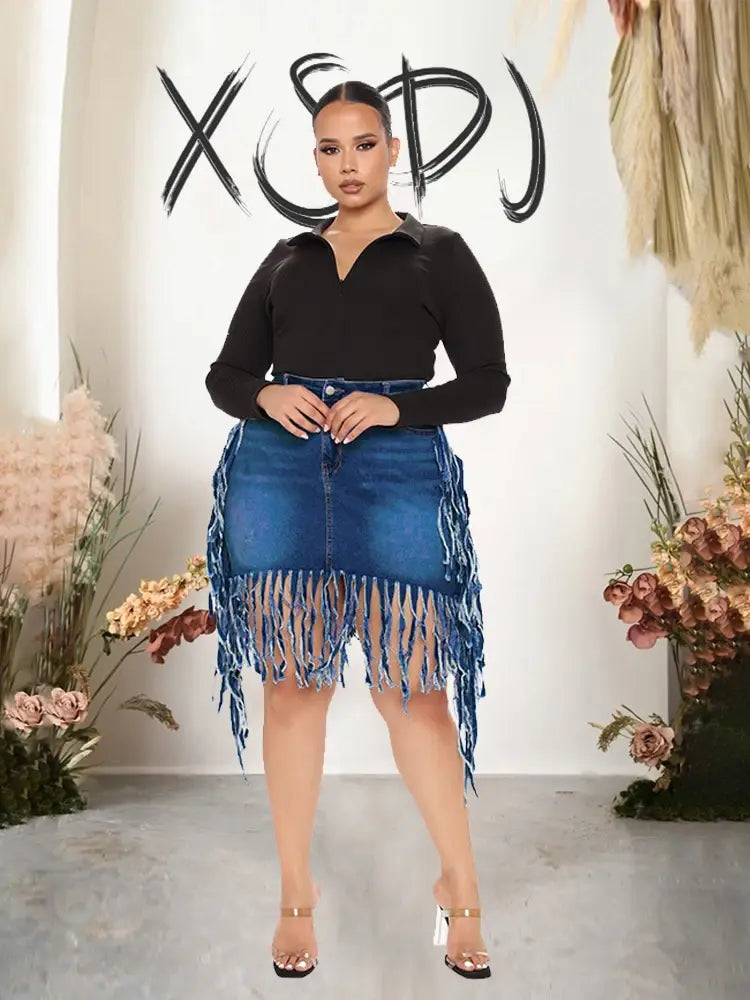 Tight Plus Size Denim Skirt Short Skirt with Tassel