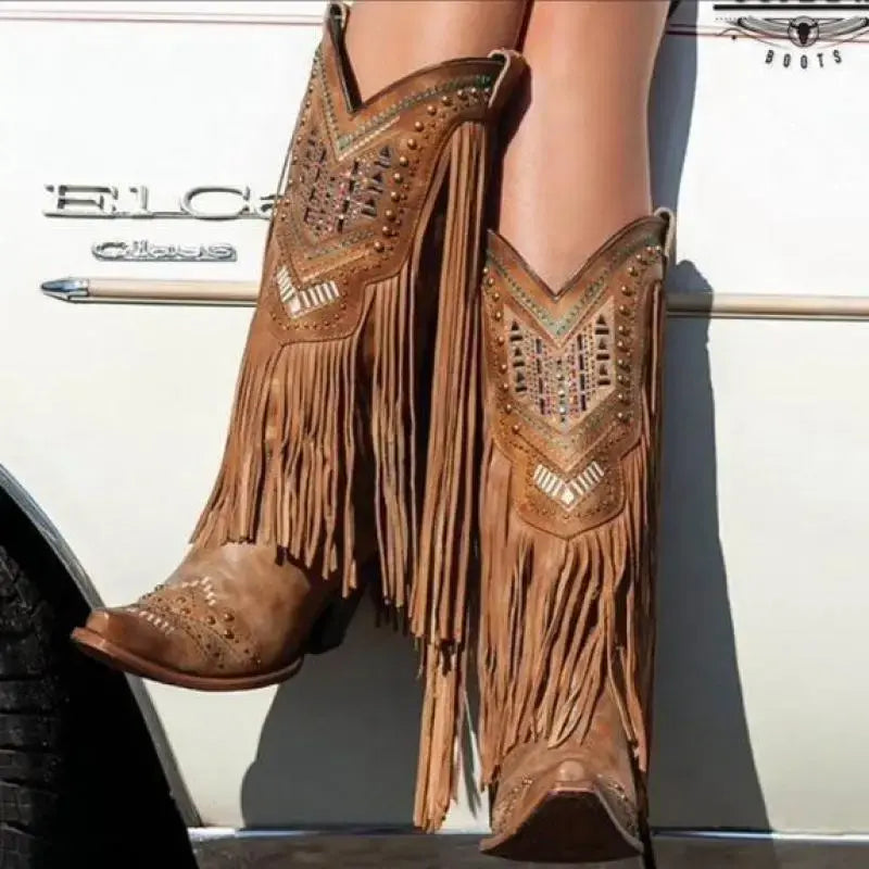 Mid-Calf Tassel Rivet Women's Cowboy Boots
