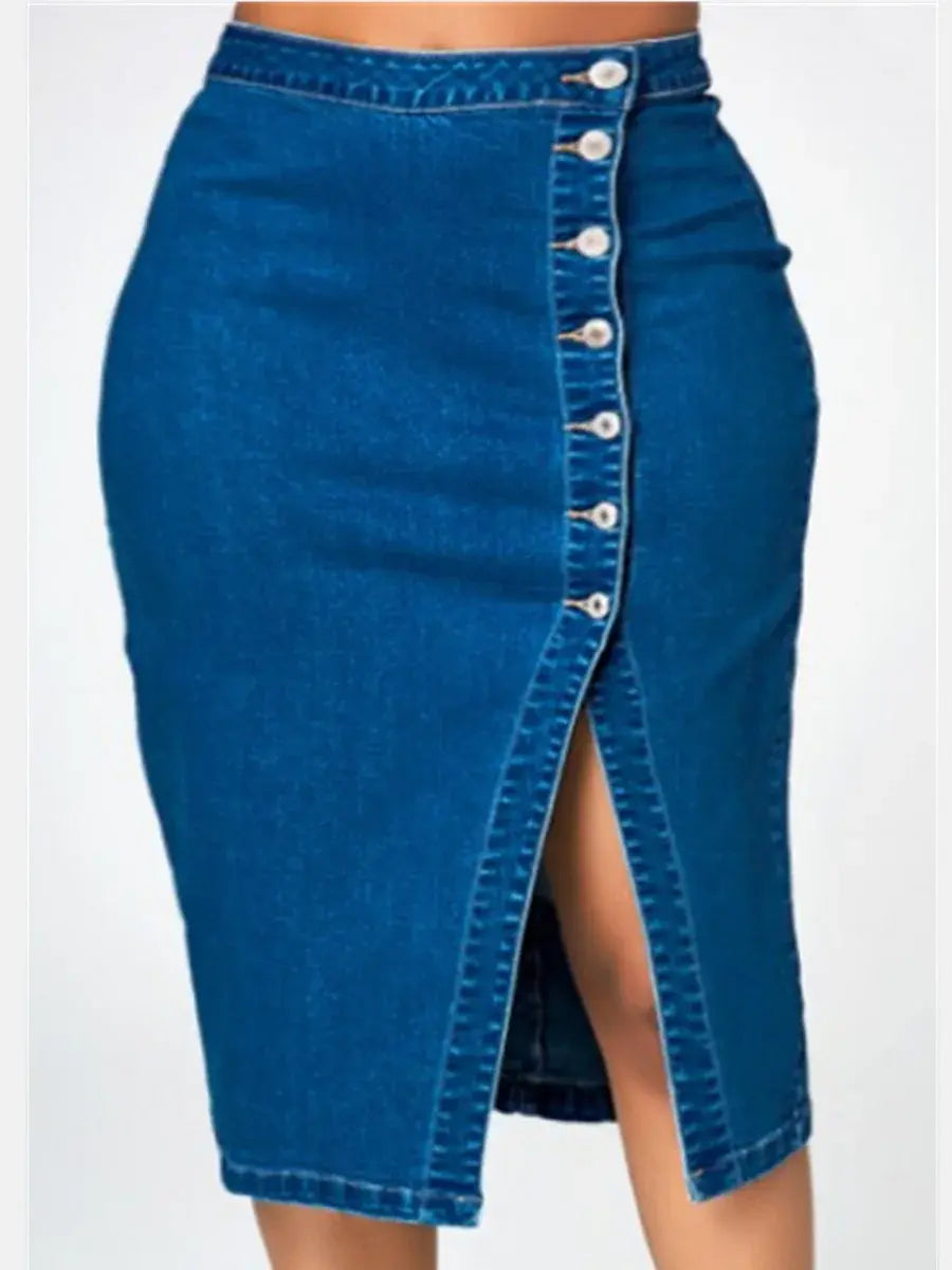 Women's Long Denim Pencil Skirt with Slit