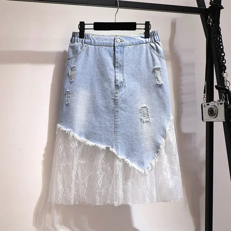 Plus Size Women's Mesh Panel Blue Denim Skirt