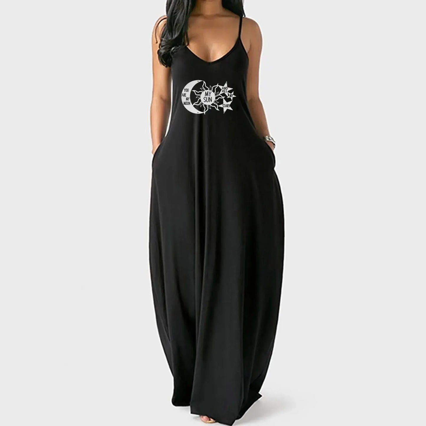 Sexy Deep V-neck Sleeveless Beach Casual Dress with High Waist Pockets