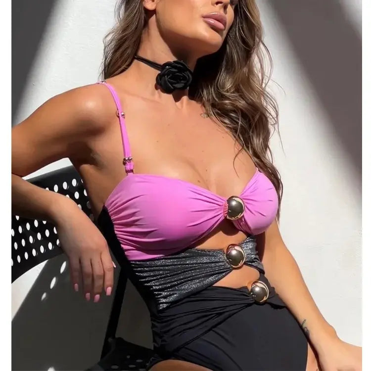Color Block Women Swimsuit and Sarong Two-piece Set