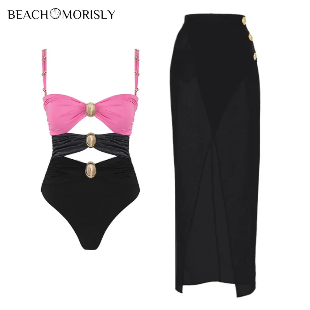 Color Block Women Swimsuit and Sarong Two-piece Set