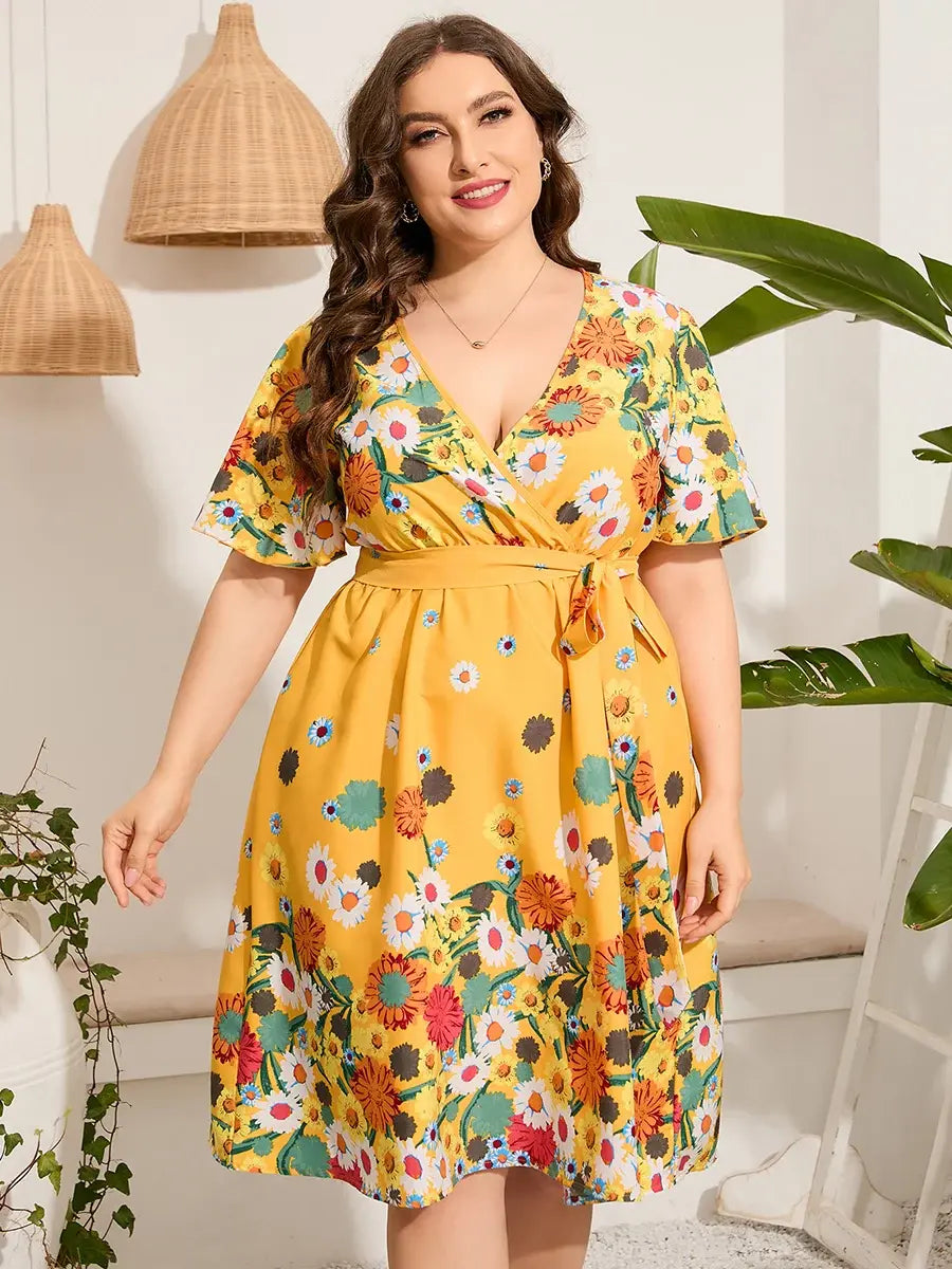 Plus Size Midi Floral Print Yellow Dress