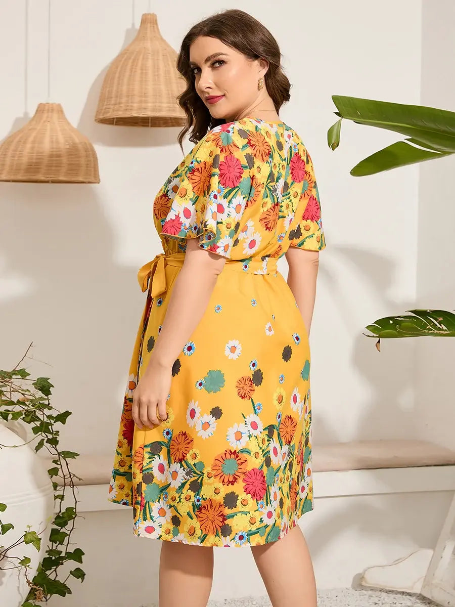 Plus Size Midi Floral Print Yellow Dress