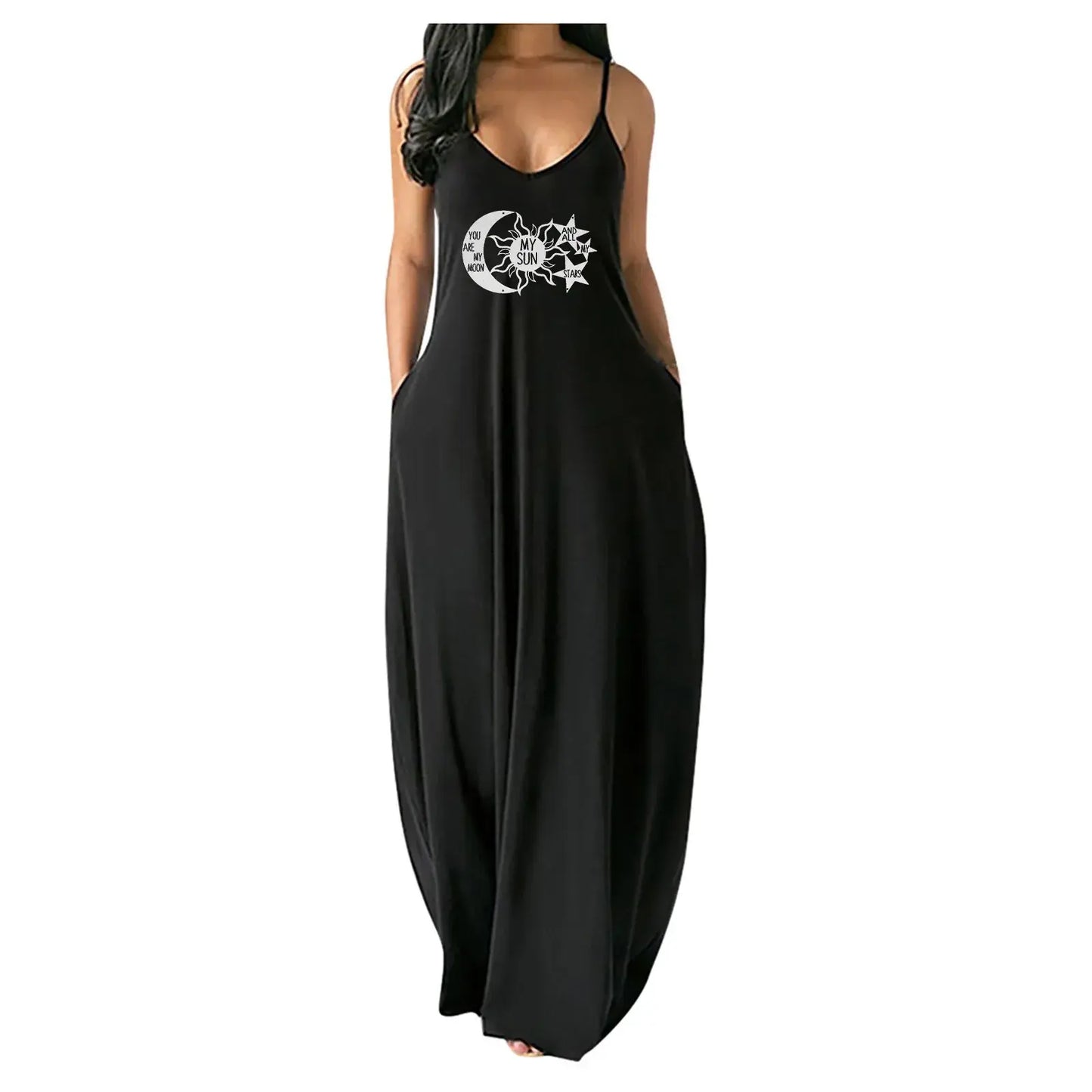 Sexy Deep V-neck Sleeveless Beach Casual Dress with High Waist Pockets