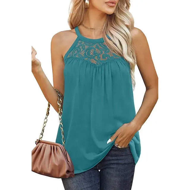 Women's Sleeveless Loose Fit Tank Tops with Lace Halter Top