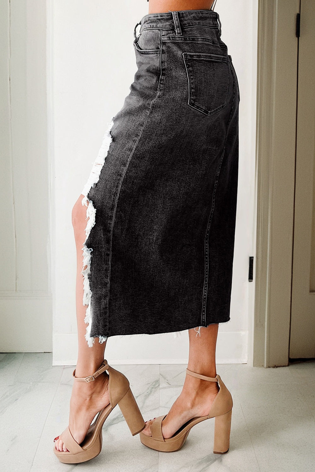 Myosotis Irregular Distressed Hem Denim Midi Skirt