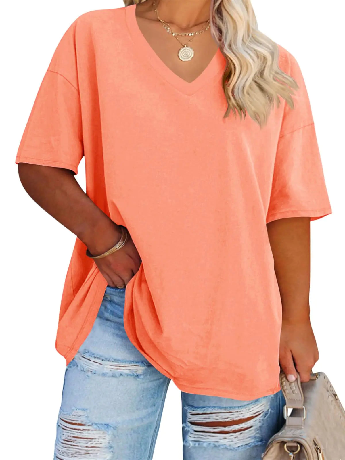 Women's Plus Size V Neck T Shirts Summer Half Sleeve Tees Casual Loose Fit Cotton Tunic Tops XX-Large Plus Khaki