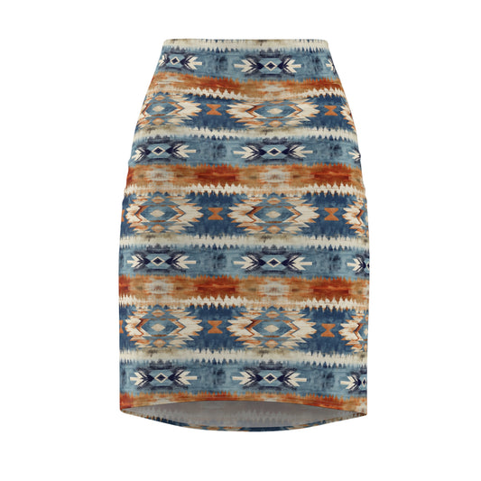 Women's Pencil Skirt with Aztec Print in Blue and Orange