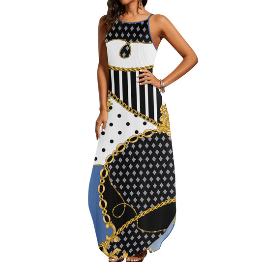 Womens Elegant Sleeveless Evening Dress in Blue, Black, and White