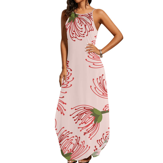 Pink and Green Floral Womens Elegant Sleeveless Evening Dress