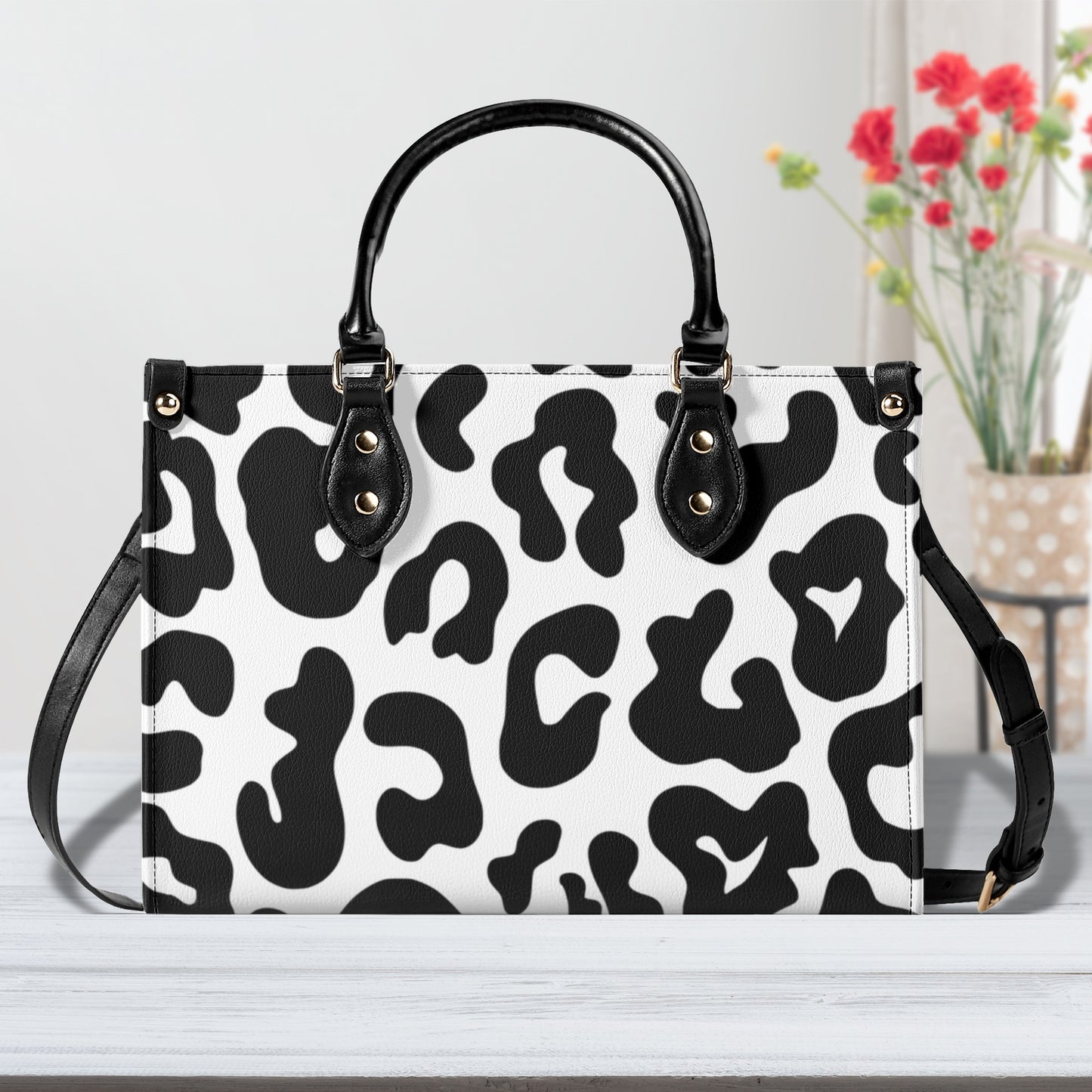Luxury Women Leather Handbag black and white animal print design